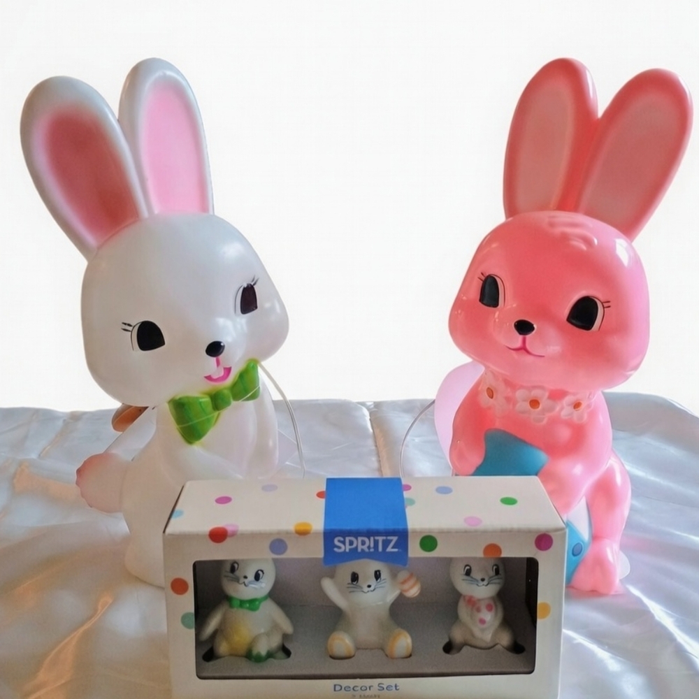 Spritz Retro Easter Bunny Blowmold Pair And 3 Pack Bunny Set